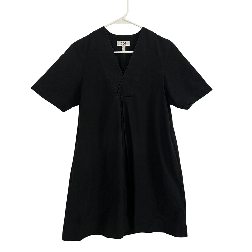 COS Womens Black V-Neck Poplin Cotton Pleated Shirt Shift Dress 2 Pockets